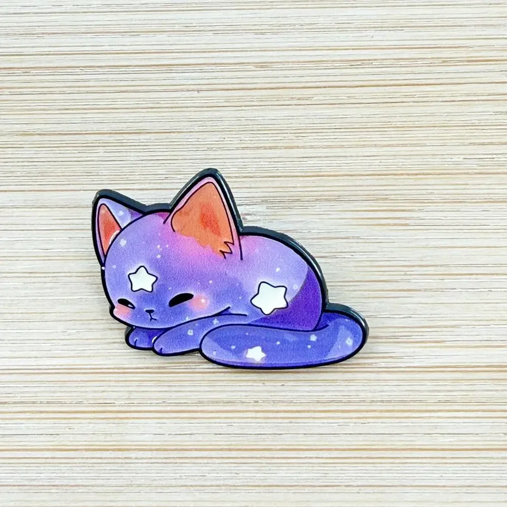 Purple Kawaii Rainbow Galaxy Sleeping Cat Enamel Pin